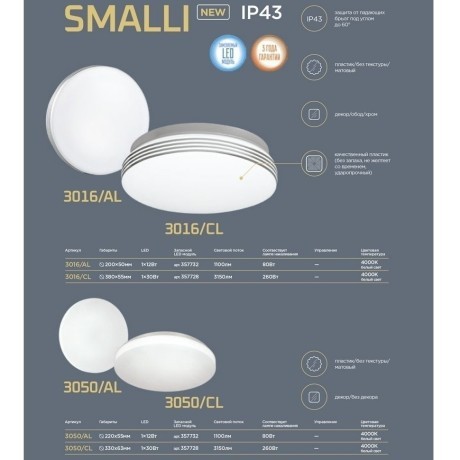 Настенно-потолочный светильник Sonex 3016/CL SMALLI IP43 светодиодный LED 30W