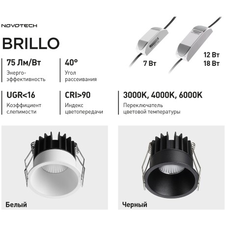 Novotech BRILLO 359862 Черный круглый встраиваемый светильник диаметром 63мм, с CCT переключателем цветовой температуры LED 7Вт 550Лм 40° CRI≥90 UGR≤16 3000-4000-6000К IP20 220V, коэффициент пульсации<1%