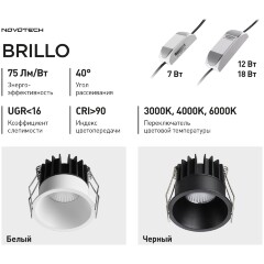 Novotech BRILLO 359862 Черный круглый встраиваемый светильник диаметром 63мм, с CCT переключателем цветовой температуры LED 7Вт 550Лм 40° CRI≥90 UGR≤16 3000-4000-6000К IP20 220V, коэффициент пульсации<1%
