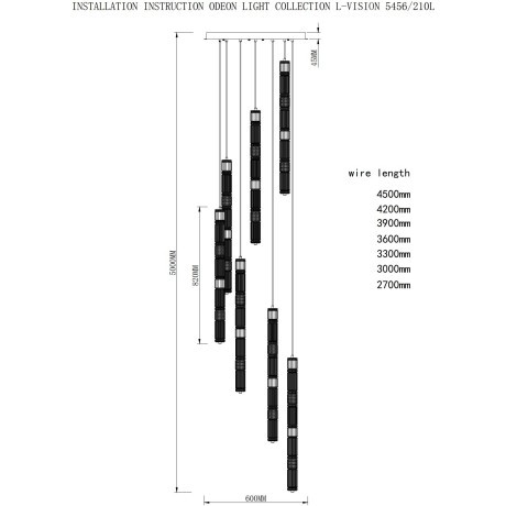 5456/210L Люстра каскадная в виде стеклянных разноцветных цилиндров Odeon Light LED 210W (30W*7) 4000K COLLIER