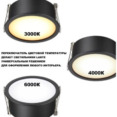 Novotech LANTE 359878 Черный встраиваемый светильник диаметром 81мм, плоский матовый рассеиватель, с CCT переключателем цветовой температуры LED 12Вт 550Лм CRI≥90 100° 3000-4000-6000К IP20 220V (коэффициент пульсации<1%)