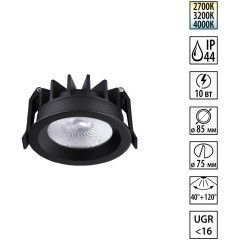 359841 Черный встраиваемый светильник с переключателем цв. температуры и угла рассеивания 40 и 120° IP44 10W CRI90 UGR<16 2700-3200-4000К Novotech RAYN