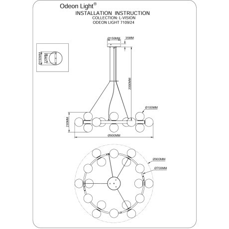 7109/24 Подвесная люстра 90см латунным металлом и стеклянными плафонами, 24 лампы G9 макс 5Вт ODEON LIGHT MAGIA