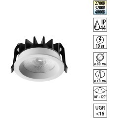 359840 Белый встраиваемый светильник с переключателем цв. температуры и угла рассеивания 40 и 120° IP44 10W CRI90 UGR<16 2700-3200-4000К Novotech RAYN